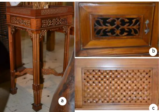 Gambar 5. Teknik Sambungan pada a. Meja Lampu, b. Panel ukiran motif flora, c. Panel ukiran motif anyaman (sumber, dok