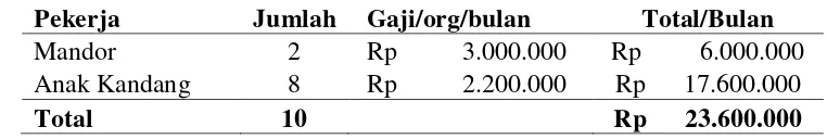 Tabel 5.4. Gaji Tenaga Kerja Langsung CV Jaya BersamaPoultry Farm Periode 2015/2016 