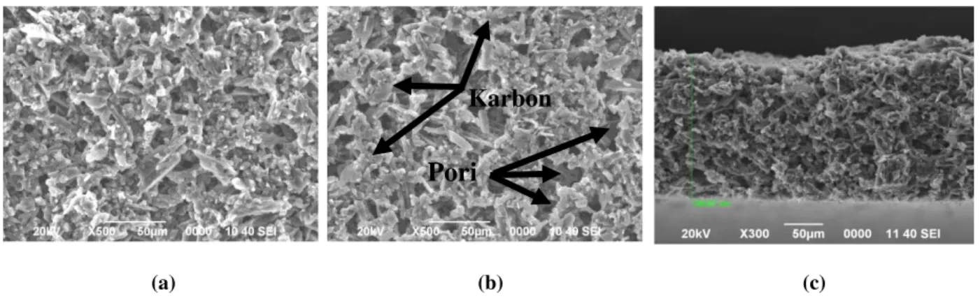 Gambar 6. Foto SEM kertas karbon dari arang TKKS tampak (a) permukaan atas, (b) permukaan bawah, dan (c) penampang 