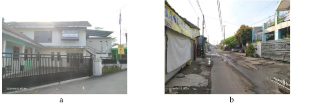 Gambar 1 a) Kntor Desa Cihideung Ilir dan b) Jalan utama 