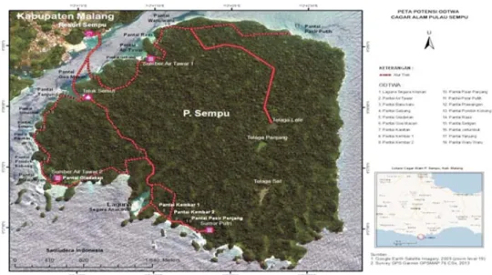 Gambar 1. Peta potensi obyek daya tarik wisata alam di Cagar Alam Pulau Sempu