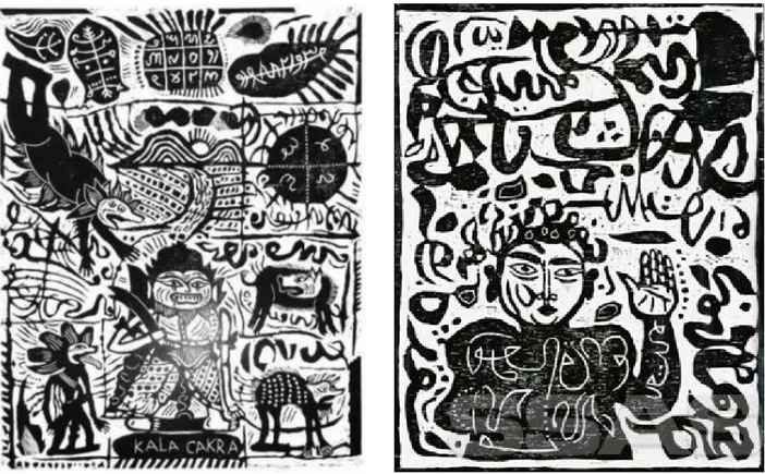 Gambar 1. “Kala Cakra”, 2011, woodcut (kiri) dan “Potret Diri”, 1987, woodcut (kanan), 43x35 cm