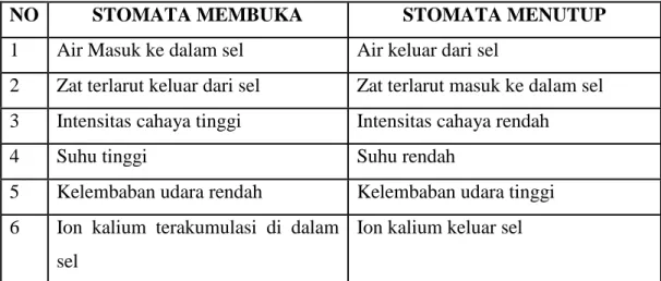Tabel 1. Penyebab Membuka dan Menutupnya Stomata 