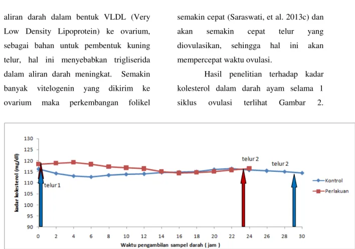 Gambar 2 Grafik profil kadar kolesterol darah  pada ayam kontrol dan ayam yang diberi perlakuan serbuk  kunyit pada 1 siklus ovulasi