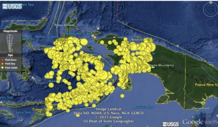 Gambar 1.3. Potensi gempa di sekitar perairan di dekat Lapangan Gas Abadi  (USGS, 2013) 