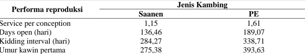 Tabel  1.  Rataan  performa  reproduksi  (S/C,  Days  open,  Kidding  interval  dan  UKP)  kambing Saanen dan PE 