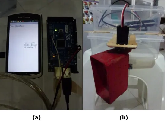 Gambar 12 (a) menunjukkan pembacaan sensor pada perangkat Android dan Gambar 12 (b) menunjukkan kondisi model rudder ketika model kapal berada di set point