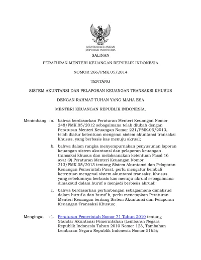 SALINAN PERATURAN MENTERI KEUANGAN REPUBLIK INDONESIA NOMOR 266/PMK.05/ ...