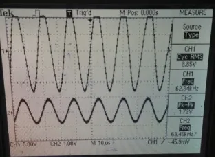 Gambar 15. Gelombang Sinyal  Input dan Output Rangkaian Prototipe Hydrophone pada Frekuensi 62.4 kHz tanpa Pelindung Anti Air dengan Transducer Ultrasonik sebagai Transmitter  