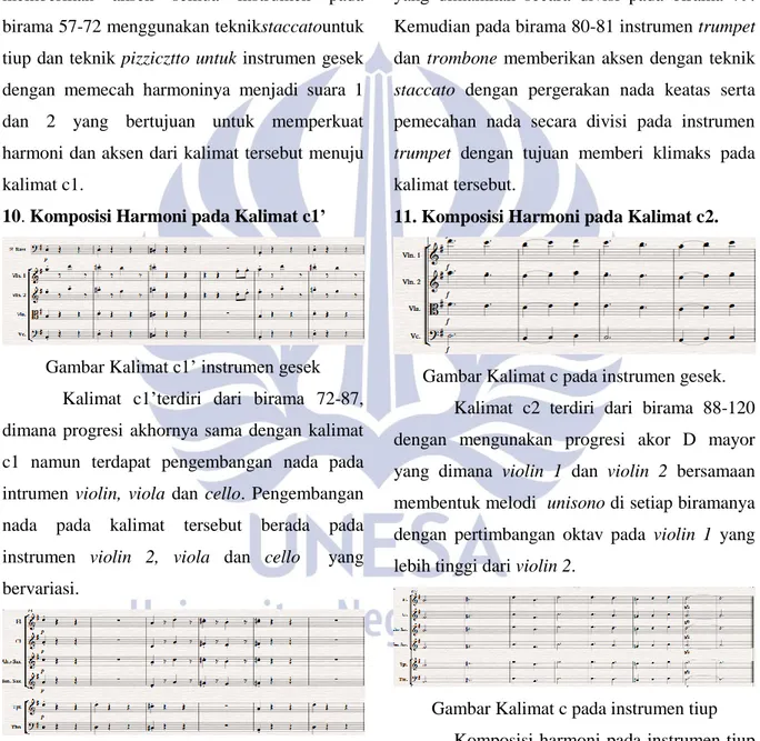 Gambar Kalimat c1’ instrumen gesek  Kalimat  c1’terdiri  dari  birama  72-87,  dimana  progresi  akhornya  sama  dengan  kalimat  c1  namun  terdapat  pengembangan  nada  pada  intrumen  violin,  viola  dan  cello