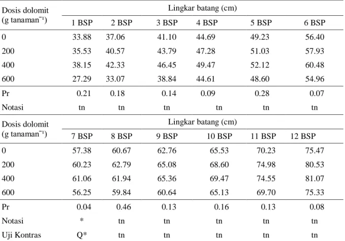 Tabel 2.  Respons lingkar batang terhadap dosis pupuk dolomit  Dosis dolomit  (g tanamanˉ¹)  Lingkar batang (cm)  1 BSP  2 BSP  3 BSP  4 BSP  5 BSP  6 BSP  0  33.88  37.06  41.10  44.69  49.23  56.40  200  35.53  40.57  43.79  47.28  51.03  57.93  400  38.