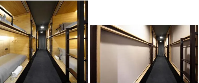 Gambar 2.  Penempatan kapsul/tempat tidur di tepi dinding ruang dengan koridor di tengah untuk sirkulasi tamu hotel