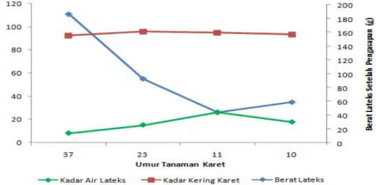 Gambar  7.  Grafik  Rata-rata  Berat  setelah  Pengasapan,  Kadar  Air  Lateks  dan  Kadar  Kering Karet (K3) pada berbagai Umur Tanaman Karet 