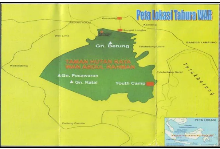Gambar 1. Peta lokasi kawasan Taman Hutan Raya Wan Abdul Rachman Provinsi Lampung (Unit Pelaksana Teknis Dinas Tahura WAR, 2012)