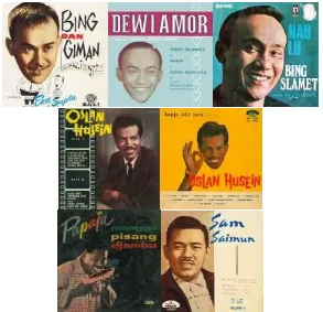 Gambar 1. Sampel penelitian dari desain sampul album piringan hitam musik pop Indonesia era  1950an (Atas - Bing Slamet, Tengah - Oslan Husein, Bawah - Adikarso dan Sam Saimun)   (sumber:Dok