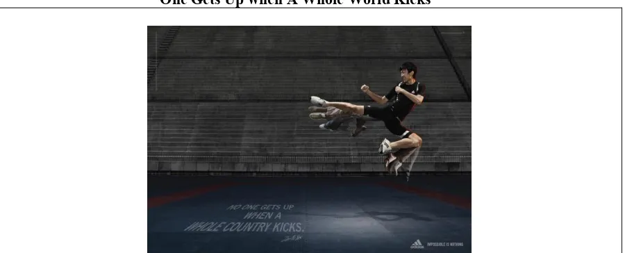 Tabel 1 Matrikulasi Analisis Ideologi Visual dalam iklan cetak Adidas versi Chu-Mu Yen, “No One Gets Up when A Whole World Kicks” 