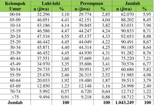 Tabel  4.2  menunjukkan  bahwa  penduduk  Kabupaten  Langkat  sebagian  besar merupakan penduduk usia produktif, yaitu pada kelompok umur antara  15-64 tahun (72,23%) dengan komposisi terbesar berada pada penduduk berumur  20-24 tahun (8,88%)