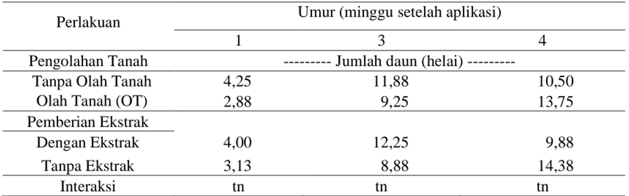 Tabel 3. Pengaruh pengolahan tanah dan pemberian ekstrak pada jumlah daun 