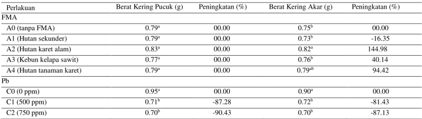 Tabel 3  Pengaruh FMA dan Pb terhadap berat kering pucuk dan berat kering akar semai balsa umur 22 MST 