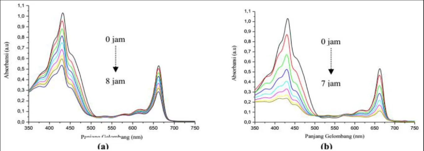 Gambar 5.    Perubahan pola spektra absorbsi klorofil Lamun dalam pelarut aseton selama 8 dan 7 jam (pengukuran  setiap 1 jam): (a) iradiasi sinar merah, (b) iradiasi sinar polikromatik