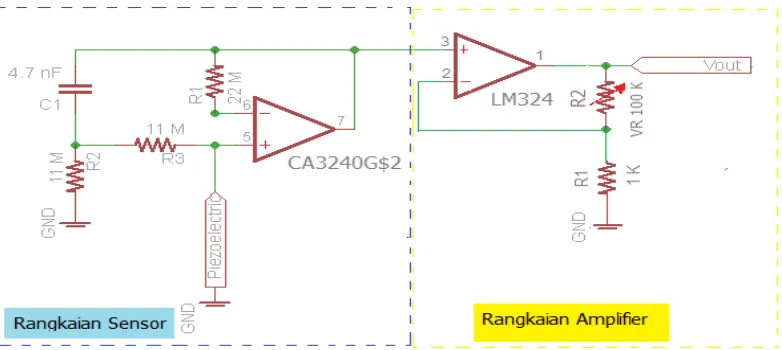 Gambar 4. Rangkaian Sensor Piezoelektrik dan Amplifier 