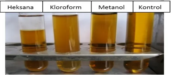 Gambar 5. Pemurnian asap cair menggunakan pelarut organik heksana, kroloform dan metanol (dari kiri ke kanan)