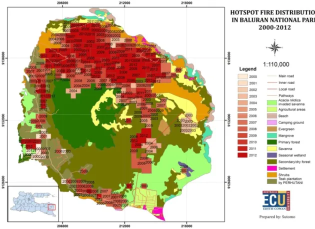 Gambar 4. Peta distribusi hotspot tahun 2000 – 2012 di Taman Nasional Baluran 