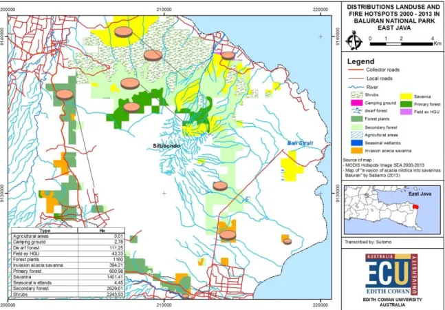 Gambar 5. Luasan masing-masing areal terdampak hotspots 2000 – 2012   di kawasan Taman Nasional Baluran Jawa Timur