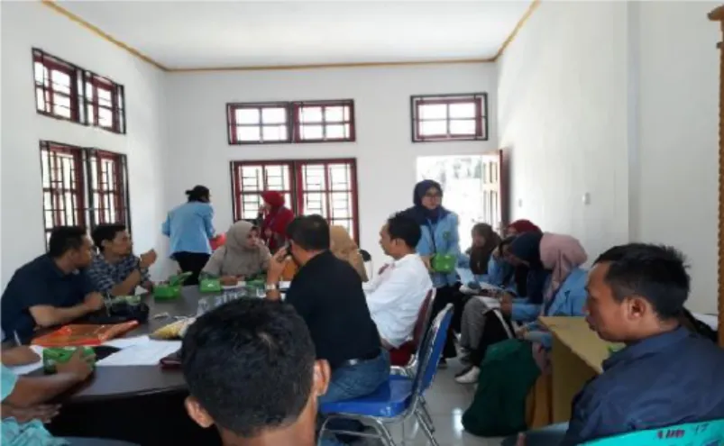 Gambar 3. Sosialisasi dan Diskusi antara Tim Pengabdian bersama KUD, PPL dan BPD Setelah  melakukan  survei  lokasi  kegiatan  dilanjutkan  dengan  pengenalan  dan pelatihan  pembuatan website kepada  mahasiswa  kukerta  yang  dilaksanakan  selama  2  (dua