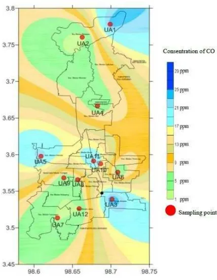Gambar 2.5 Peta Konsentrasi Gas Karbon Monoksida (CO) di Kota Medan Sumber: Suryati dan Khair (2017) 