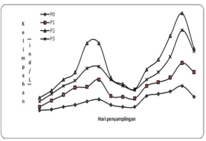 Gambar 1 menunjukkan bahwa puncak populasi selama penelitian terjadi dua kali yaitu puncak kelimpahan  pertama pada semua perlakuan dan yang paling tinggi terjadi pada hari ke 12 (9.490 ind/l), dan puncak kedua  terjadi pada  hari ke  26 juga pada  P2 (13.