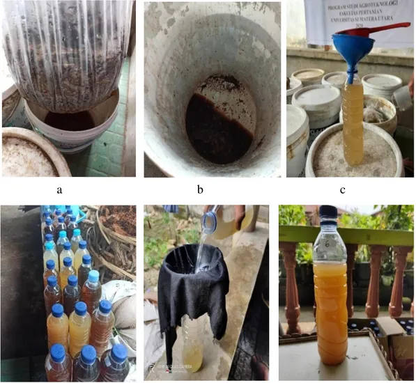 Gambar 3. Proses pemanenan pupuk organik cair setelah 37 hari  a.  Plastik diangkat hingga air turun 