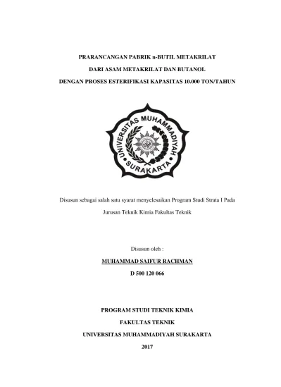 PRARANCANGAN PABRIK n-butil METAKRILAT DARI ASAM METAKRILAT DAN BUTANOL ...