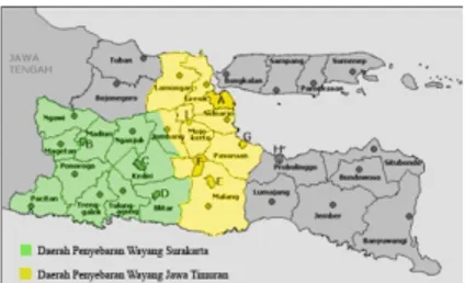 Gambar 1. Peta penyebaran budaya wayang Cek-dong di Jawa  Timur.  