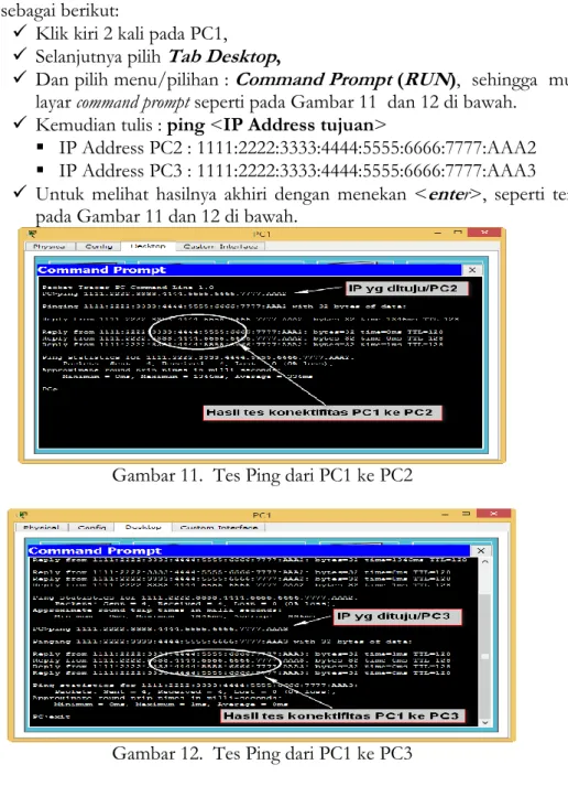 Gambar 11.  Tes Ping dari PC1 ke PC2 