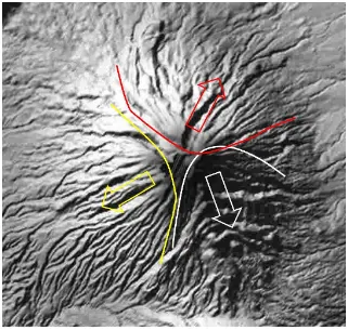 Gambar 2. Interpretasi bukaan kawah di puncak Gunung api Merbabu berdasarkan citra Landsat  grayscale; garis-garis tegas adalah interpretasi morfologi tapalkuda (kawah) dan tanda panah adalah arah material gunung api dierupsikan dan diendapkan (belum ada analisis umur yang menandai umur kawah) 