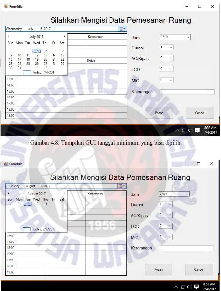 Gambar 4.8. Tampilan GUI tanggal minimum yang bisa dipilih 