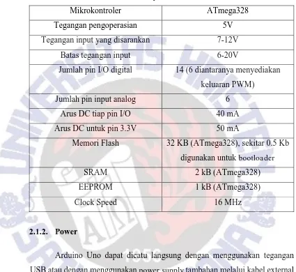 Tabel 2.1. Spesifikasi Arduino UNO 