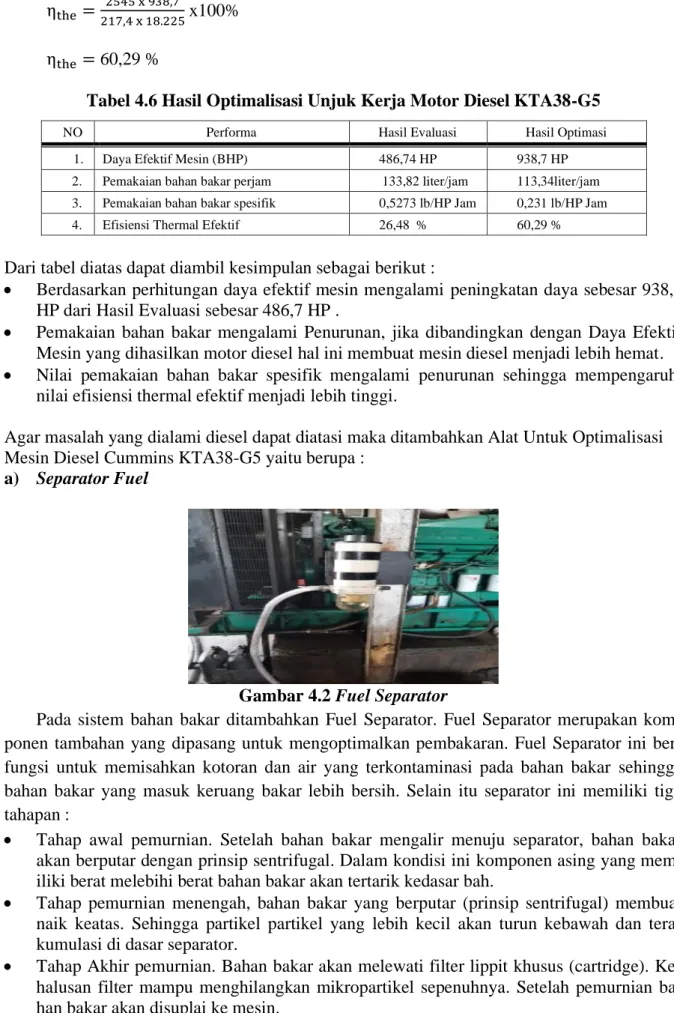 Tabel 4.6 Hasil Optimalisasi Unjuk Kerja Motor Diesel KTA38-G5 