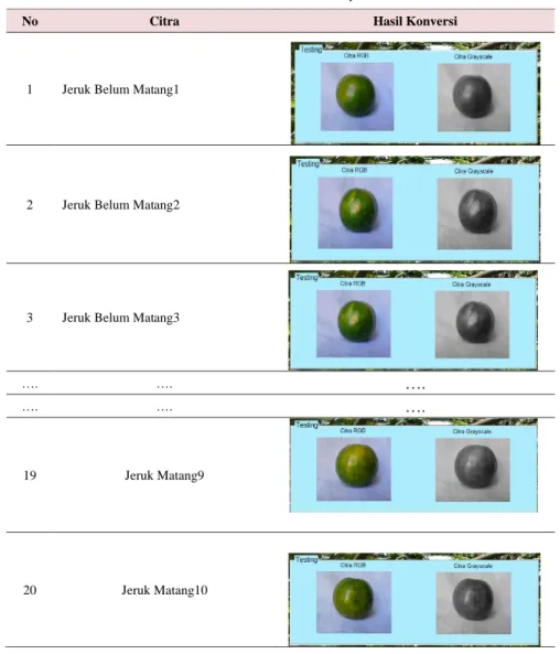 Gambar 4 menunjukkan data uji citra jeruk keprok dimana terdapat 10 gambar jeruk yang matang dan 10  gambar yang tidak matang
