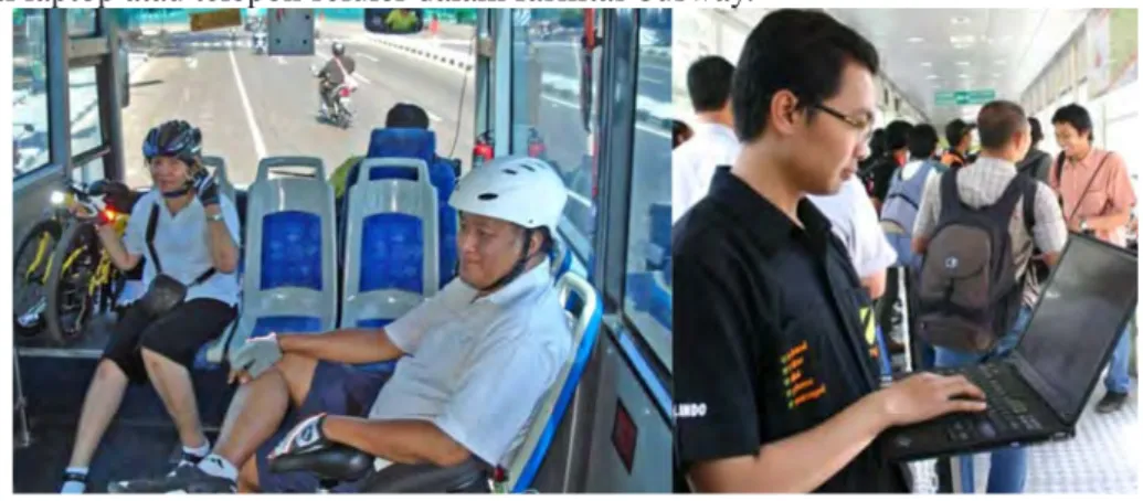 Gambar 7. Komunitas pesepeda lipat pada fasilitas busway (kiri)  dan pengguna internet dalam fasilitas busway (kanan)