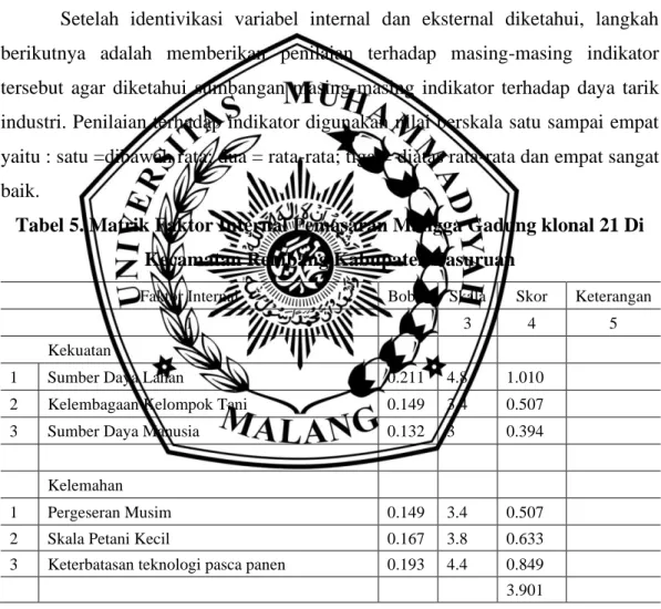 Tabel 5. Matrik Faktor Internal Pemasaran Mangga Gadung klonal 21 Di  Kecamatan Rembang Kabupaten Pasuruan 