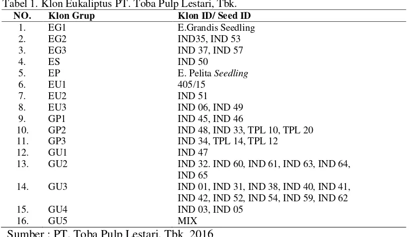 Tabel 1. Klon Eukaliptus PT. Toba Pulp Lestari, Tbk. 