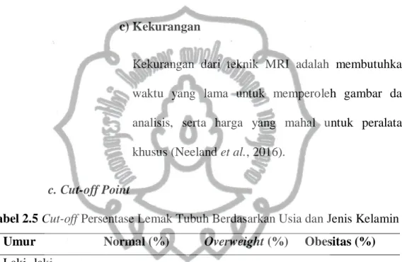 Tabel 2.5 Cut-off Persentase Lemak Tubuh Berdasarkan Usia dan Jenis Kelamin  Umur  Normal (%)  Overweight (%)  Obesitas (%)  Laki- laki       <9  <22 (108)  22-26 (17)  >26 (26)       9-11.9  <24 (99)  24-34 (35)  >34 (31)       12-14.9  &lt