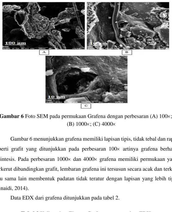 Gambar 6 Foto SEM pada permukaan Grafena dengan perbesaran (A) 100; 