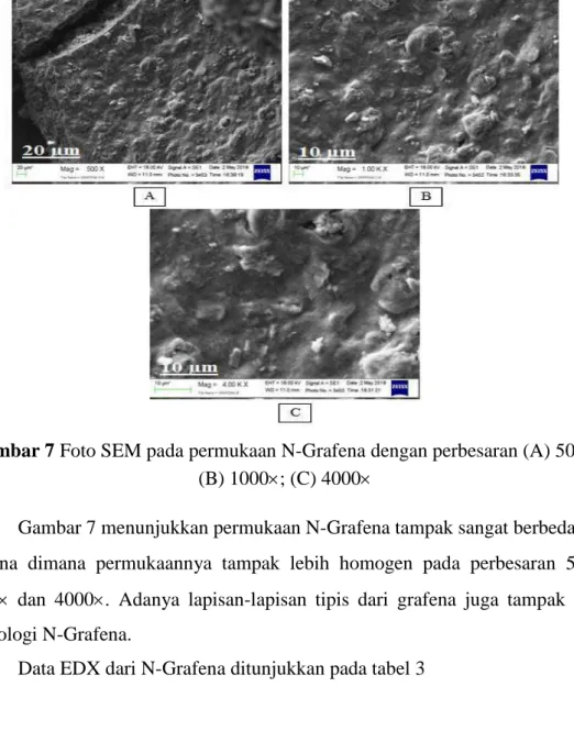 Gambar 7 Foto SEM pada permukaan N-Grafena dengan perbesaran (A) 500;      