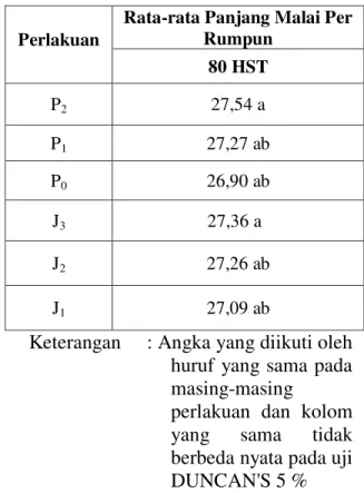 Tabel  5.  Pengaruh  pemberian  jerami  (P)  dan  jarak  tanam  (J)  terhadap  rata-rata  panjang  malai  pada  umur 80 hari setelah tanam