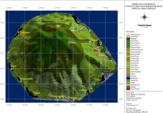 Gambar 2. Peta Model elevasi digital tutupan lahan dan sebaran burung P. Moti. analisis terhadap data jenis dan jumlah