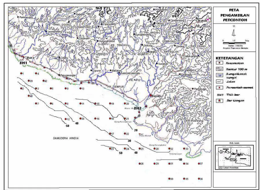 Gambar 1. Peta lokasi pengambilan percontoh dasar laut, pantai dan sungai