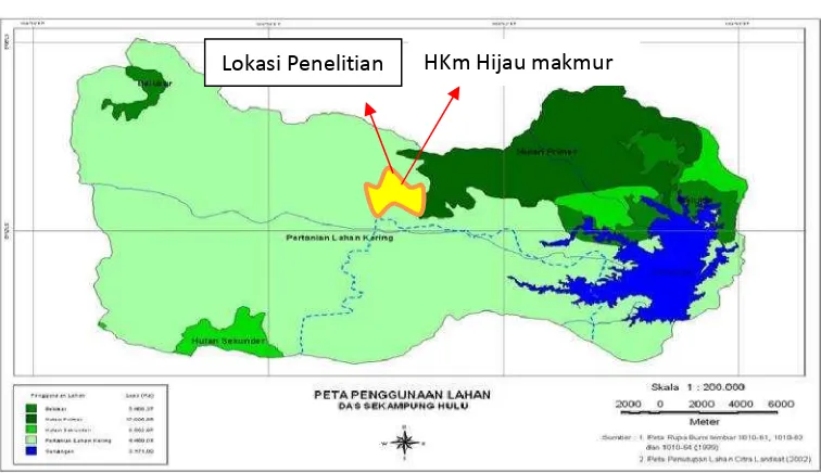 Gambar 4.  Lokasi HKm Gapoktan Hijau Makmur pada DAS Sekampung Hulu(Sumber: Peta rupa bumi dan Peta penutupan lahan Citra landsat(2002) dalam Banuwa, 2008)